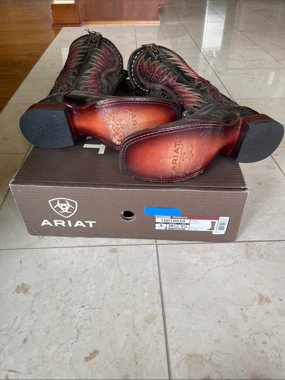 Ariat Black Leather Cowboy Boots with Red Stitching and Tan Accents - Picture 3 of 3